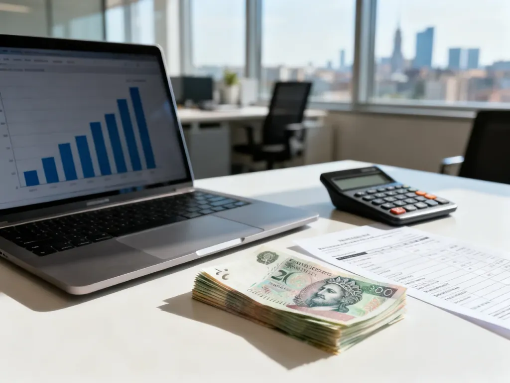 Laptop z wykresem, kalkulator, banknoty i pasek płac – wizualizacja obliczania pensji brutto na netto.